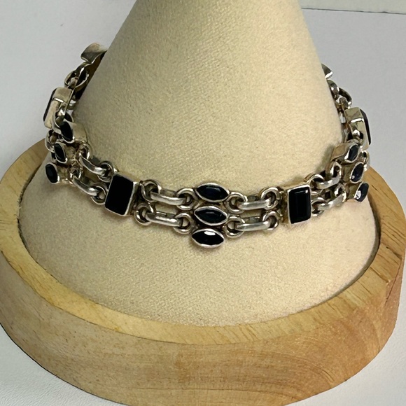 Gorgeous Sterling Silver 925 sapphire blue Stone Adjustable Panel Link Bracelet - Picture 3 of 9